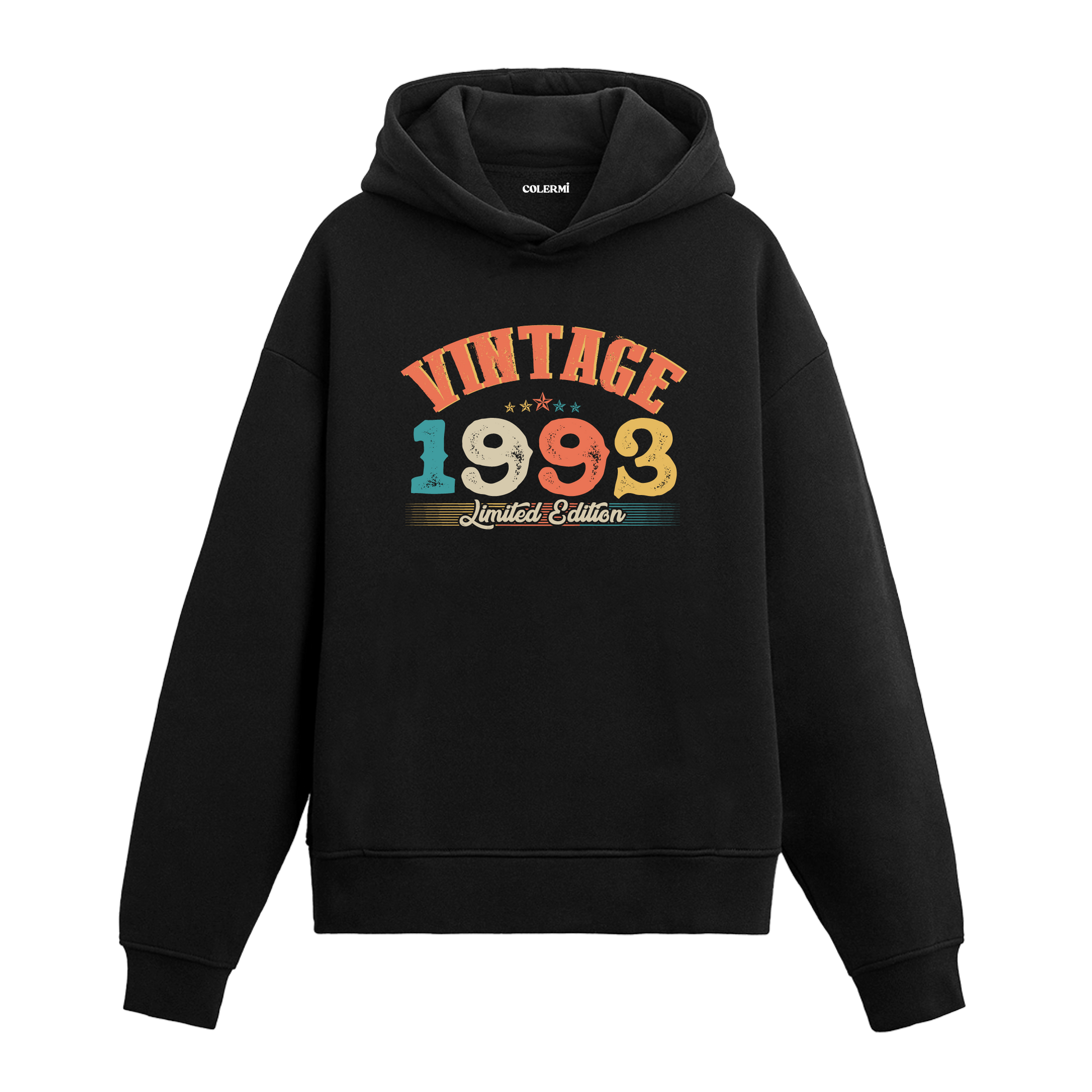 1993 yılına özel tasarlanmış siyah Vintage Hoodie Echo, retro yazı ve yıl baskılı modern hoodie modeli.
