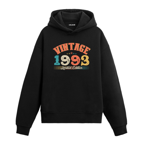 1993 yılına özel tasarlanmış siyah Vintage Hoodie Echo, retro yazı ve yıl baskılı modern hoodie modeli.