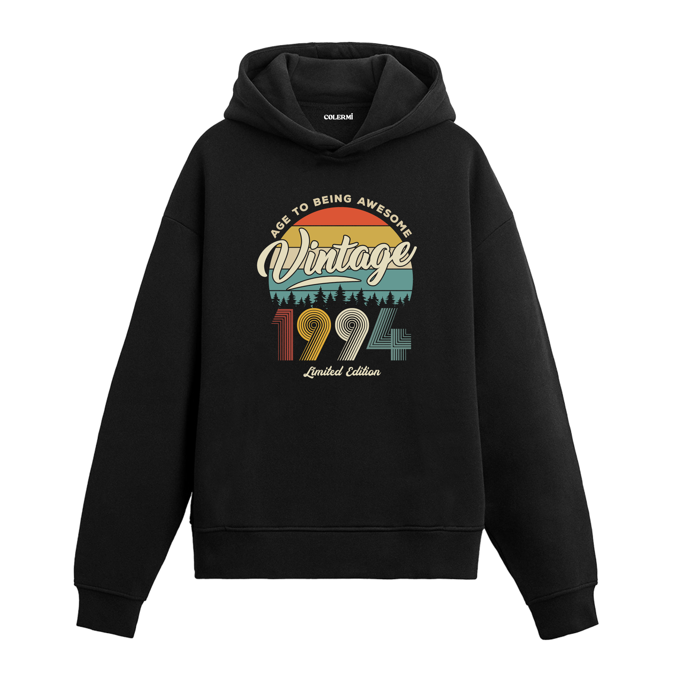 1994 Vintage Hoodie, retro yıl baskılı siyah pamuklu nostalji hoodie.