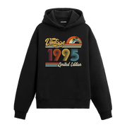 1995 doğum tarihli retro baskılı siyah vintage hoodie