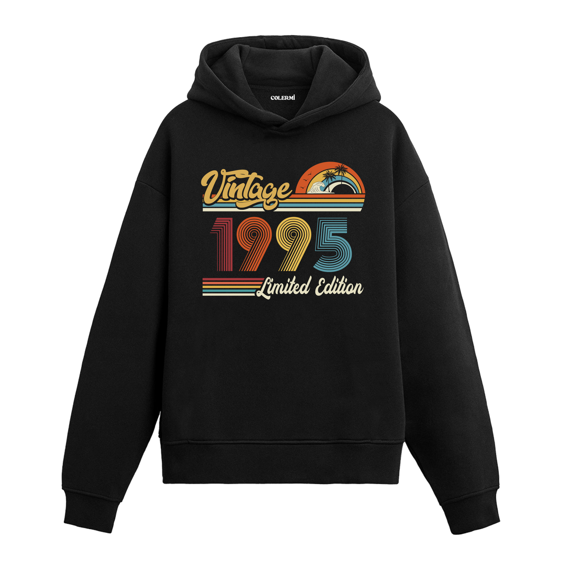 1995 doğum tarihli retro baskılı siyah vintage hoodie