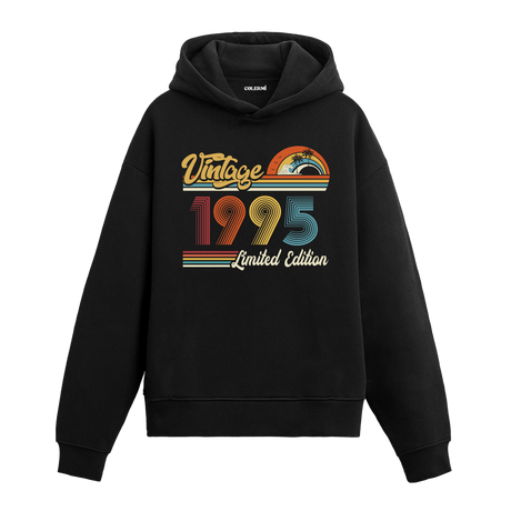 1995 doğum tarihli retro baskılı siyah vintage hoodie