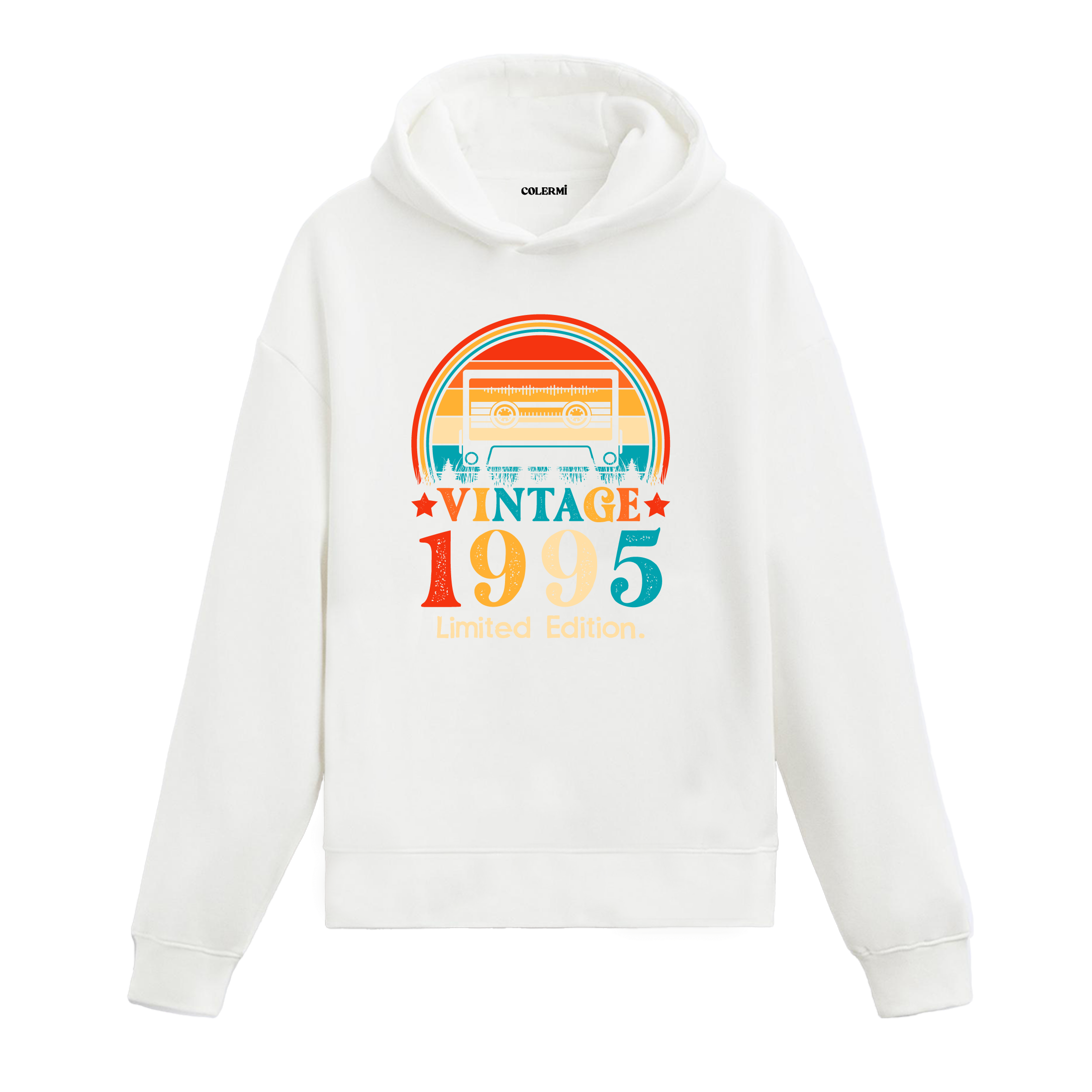 1995 Vintage Hoodie, kaset çalar tasarımı ve pamuklu kumaşıyla nostaljik retro stil sunuyor.
