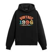 1996 yılına özel siyah Vintage Hoodie Echo, retro yazı ve yıl baskılı modern hoodie modeli.
