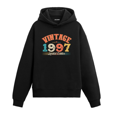 1997 yılına özel siyah Vintage Hoodie Echo, retro yazı ve yıl baskılı modern hoodie modeli.