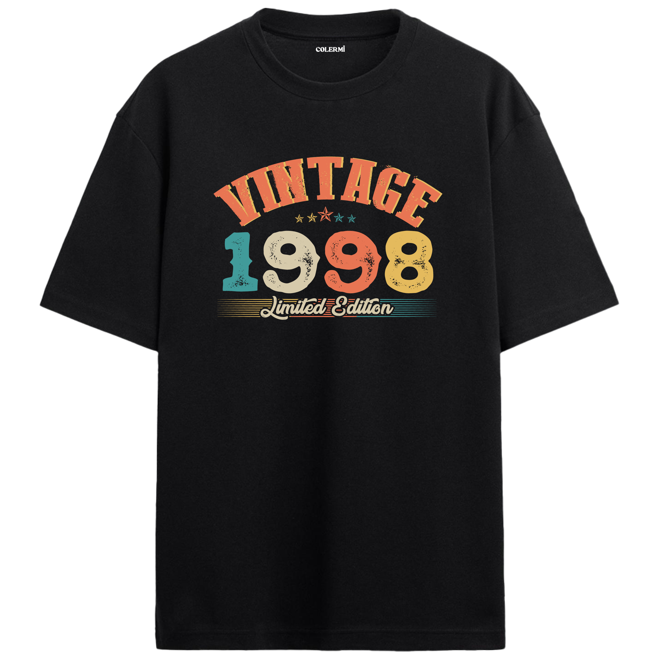 1998 Vintage Echo siyah oversize tişört, pamuk kumaşıyla yumuşak ve rahat bir doğum günü hediyesi seçeneği sunar.