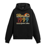 1999 doğum tarihli retro baskılı siyah vintage hoodie