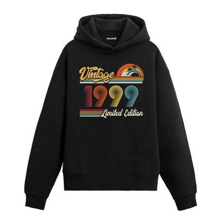 1999 doğum tarihli retro baskılı siyah vintage hoodie