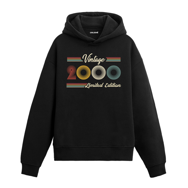 2000 doğum yılına özel tasarlanmış siyah klasik vintage hoodie