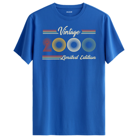 2000 yazılı klasik vintage retro tasarımlı mavi tişört