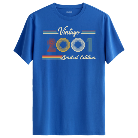 2001 yazılı klasik vintage retro tasarımlı mavi tişört