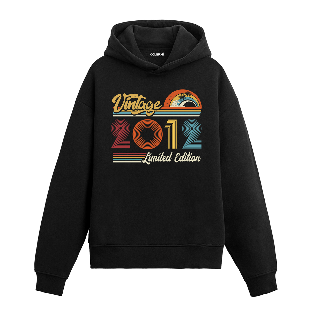 2012 doğum tarihli retro baskılı siyah vintage hoodie