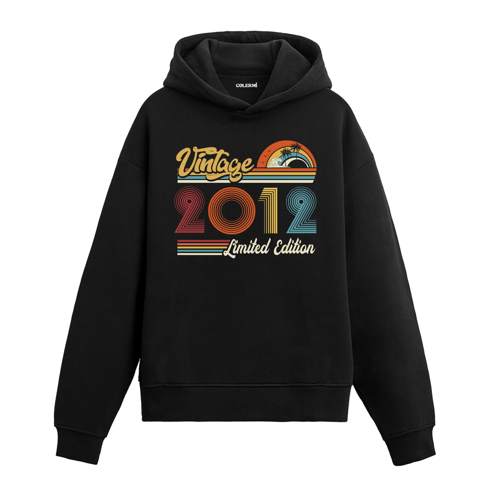 2012 doğum tarihli retro baskılı siyah vintage hoodie
