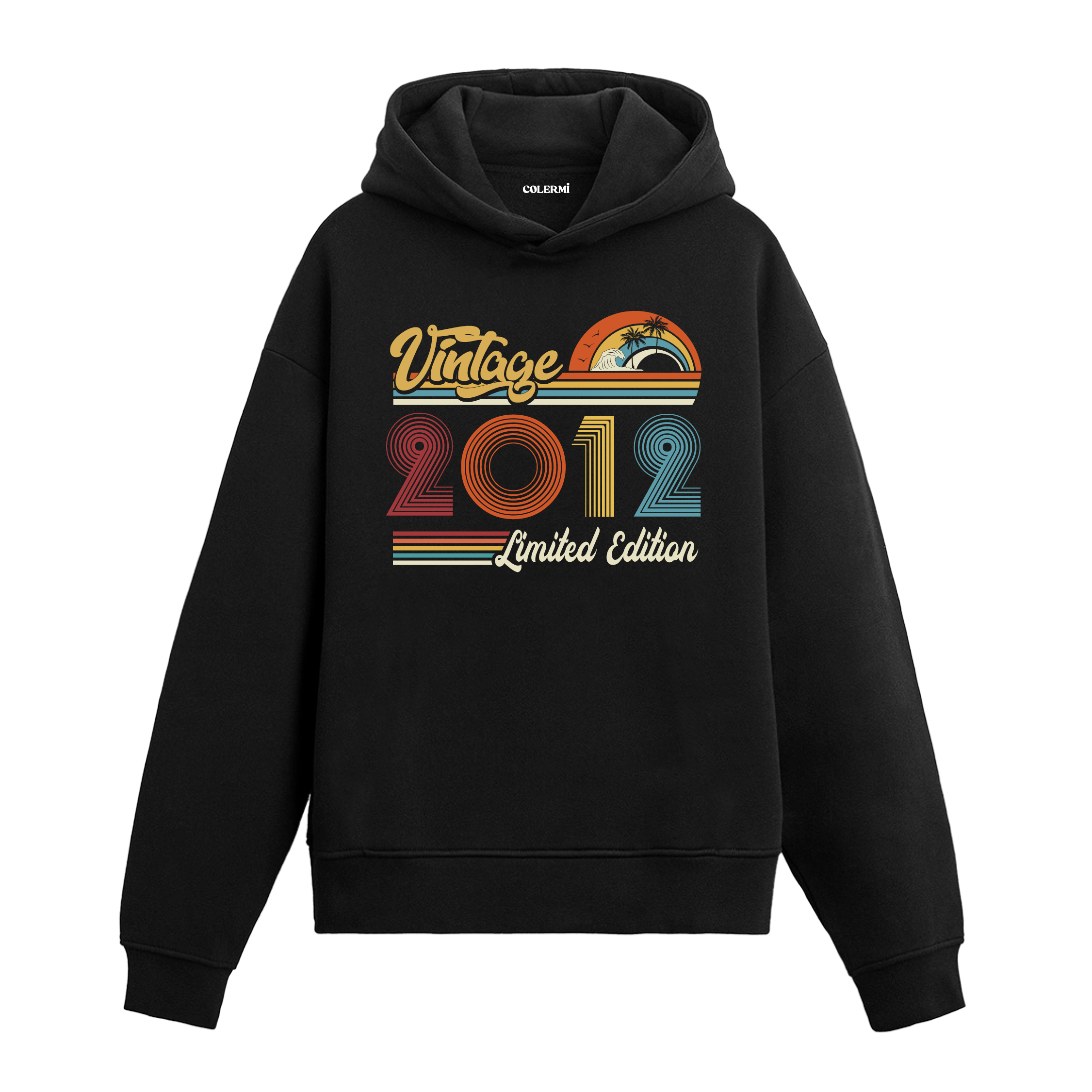 2012 doğum tarihli retro baskılı siyah vintage hoodie
