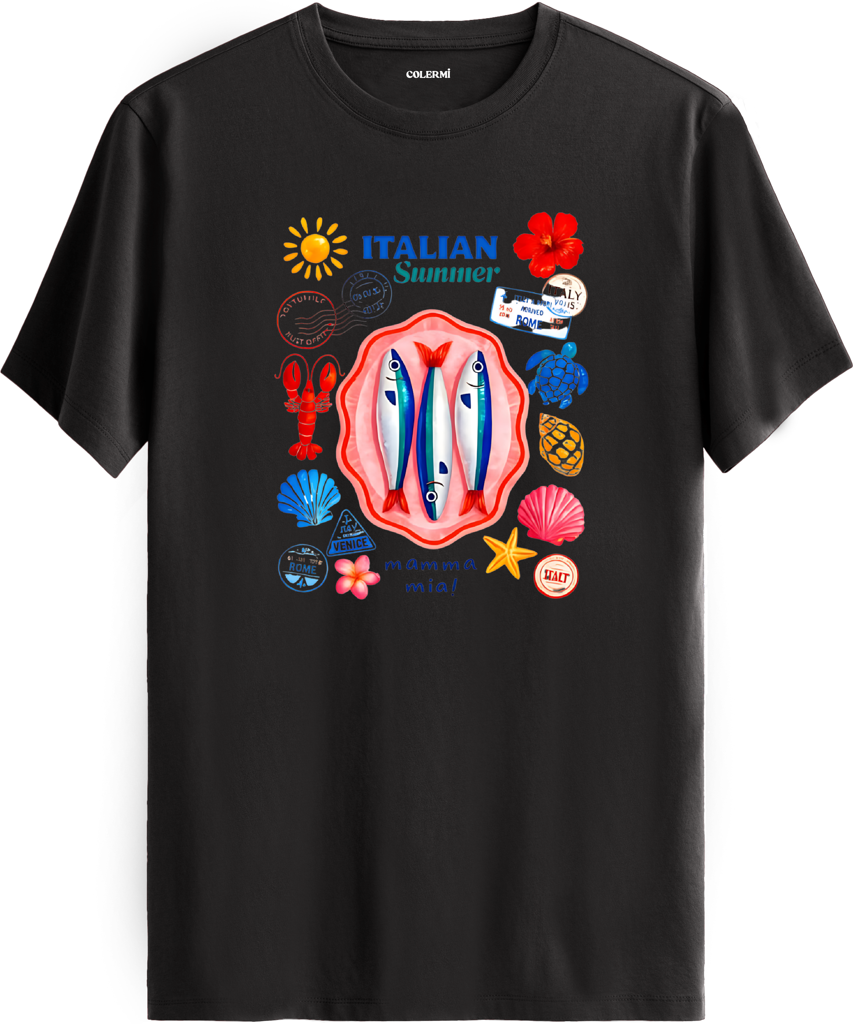 Italian Summer Deniz Kolaj Baskılı Regular Tişört