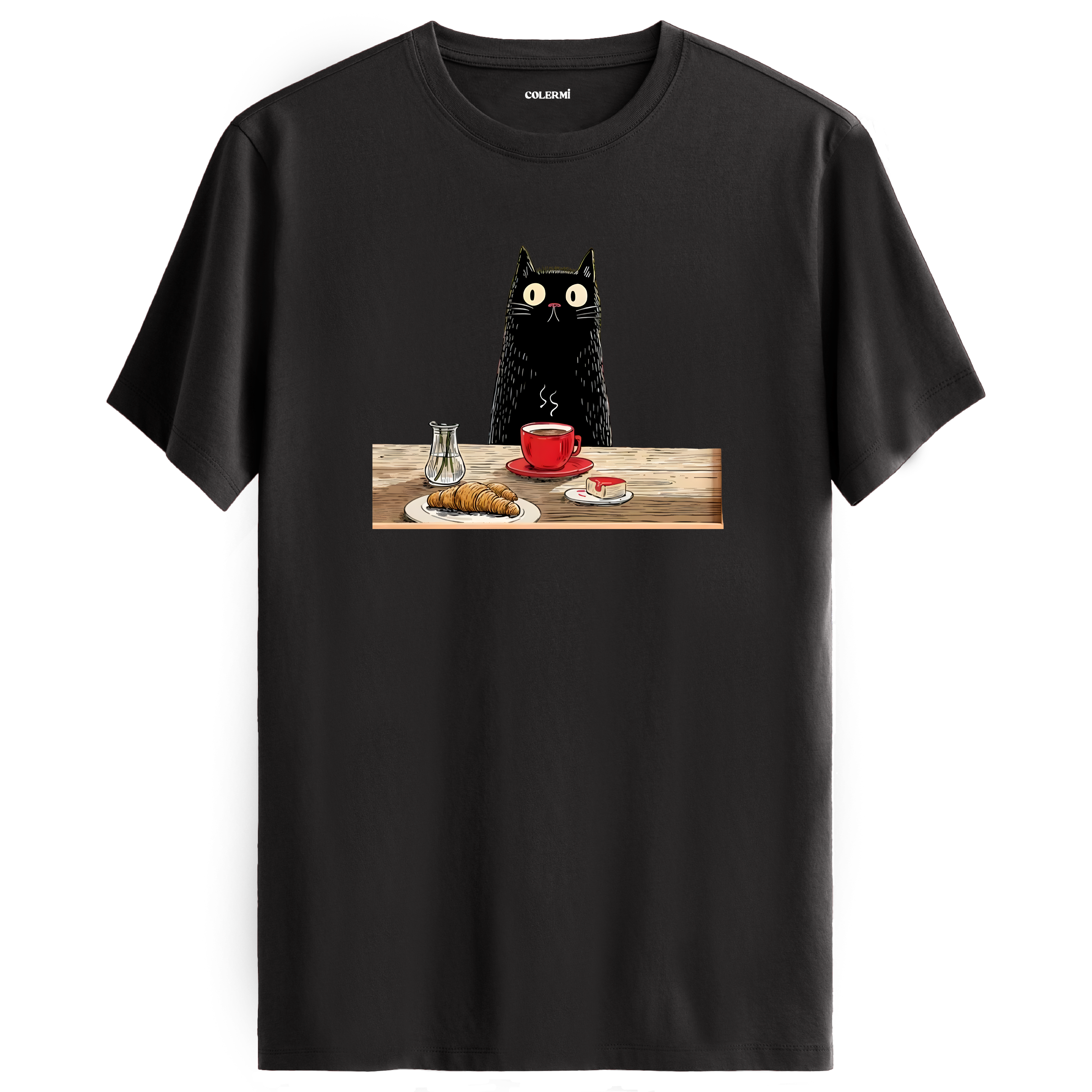 Kahvaltı Yapan Siyah Kedi Tasarımlı Tişört detay | Colermi