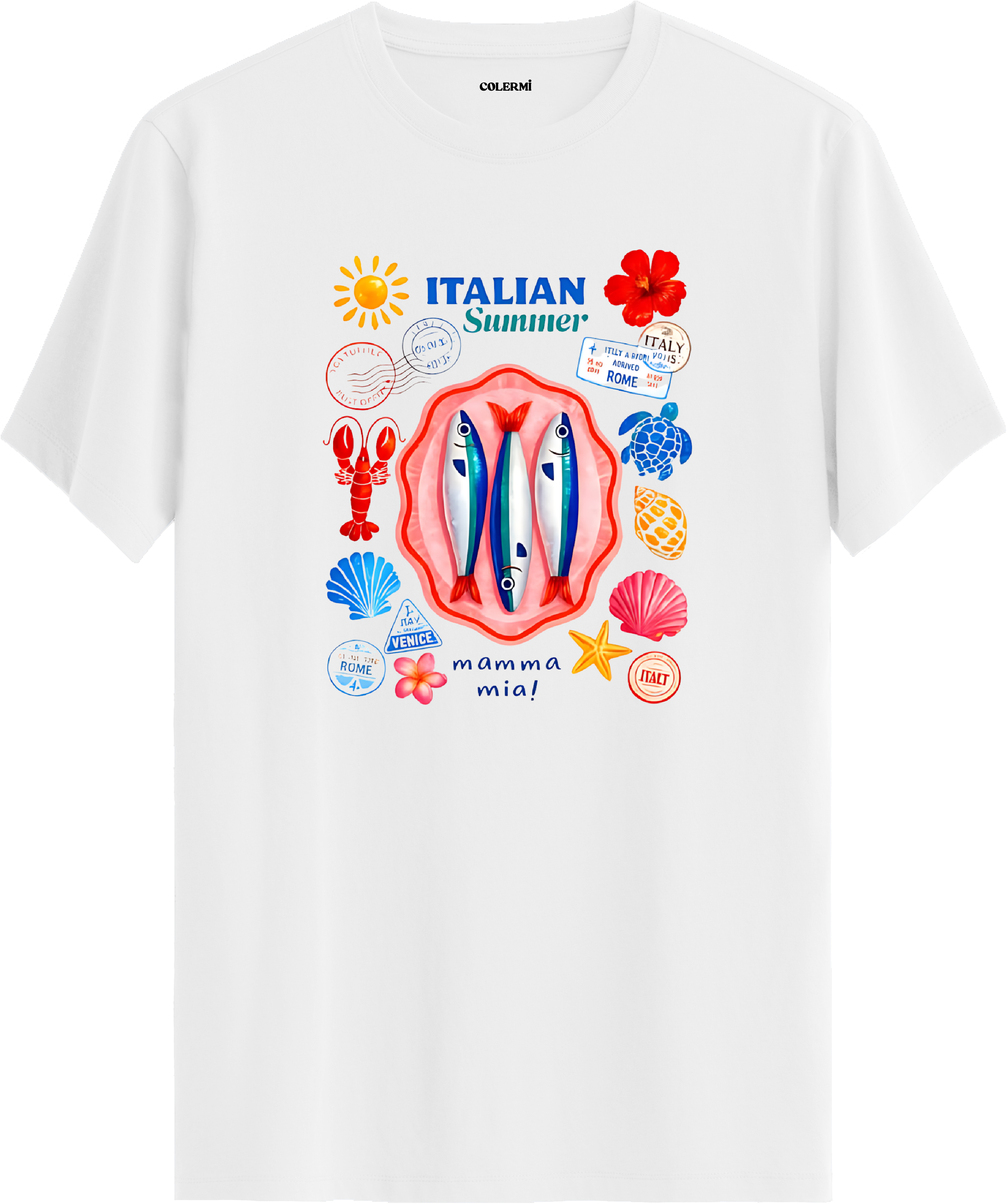 Italian Summer Deniz Kolaj Baskılı Regular Tişört