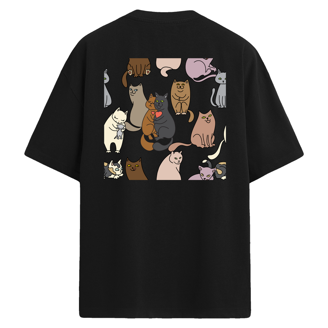 Sarılan Kedili Sırt Baskılı Oversize T-Shirt