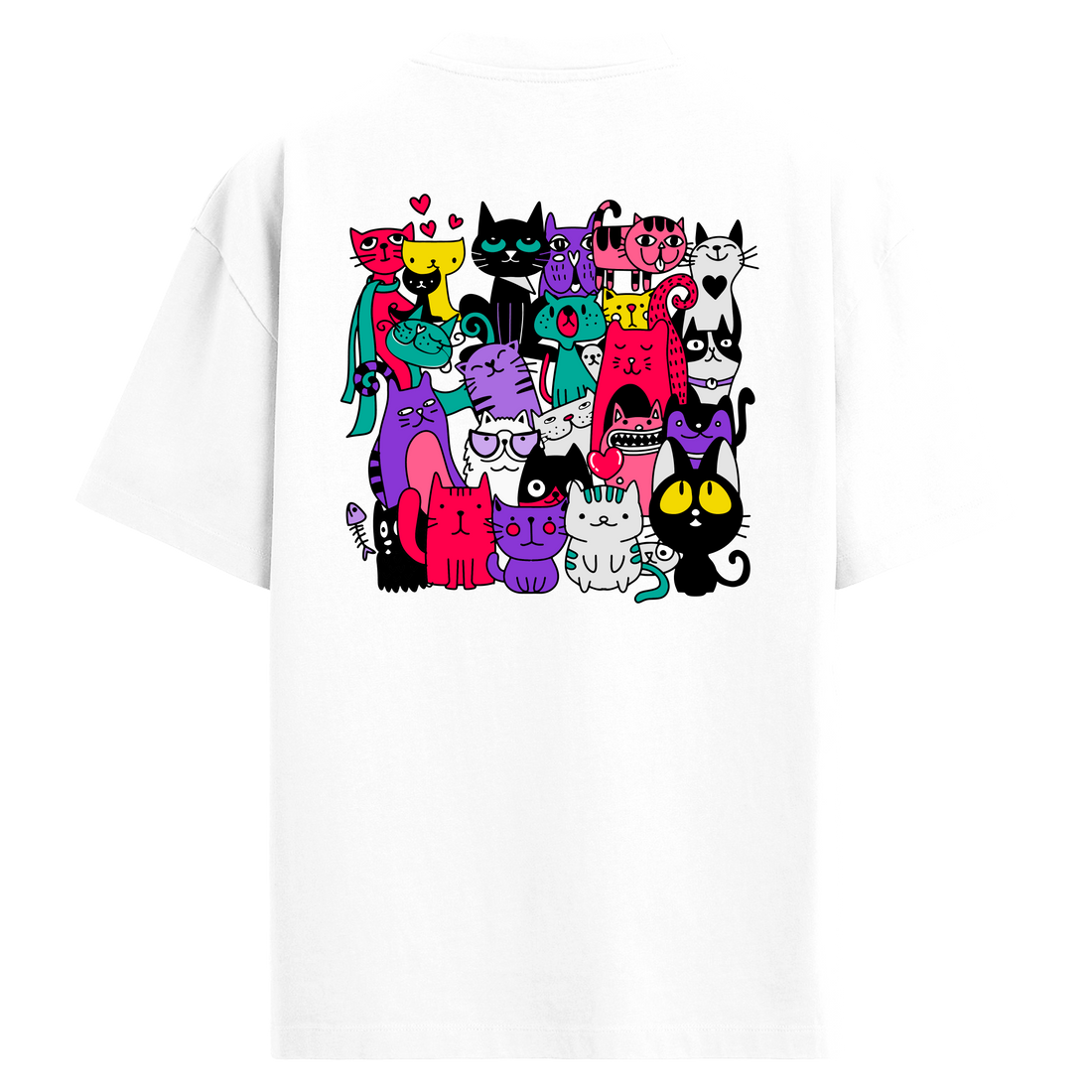 Renkli Kedi Karakterli Sırt Baskılı Oversize T-Shirt