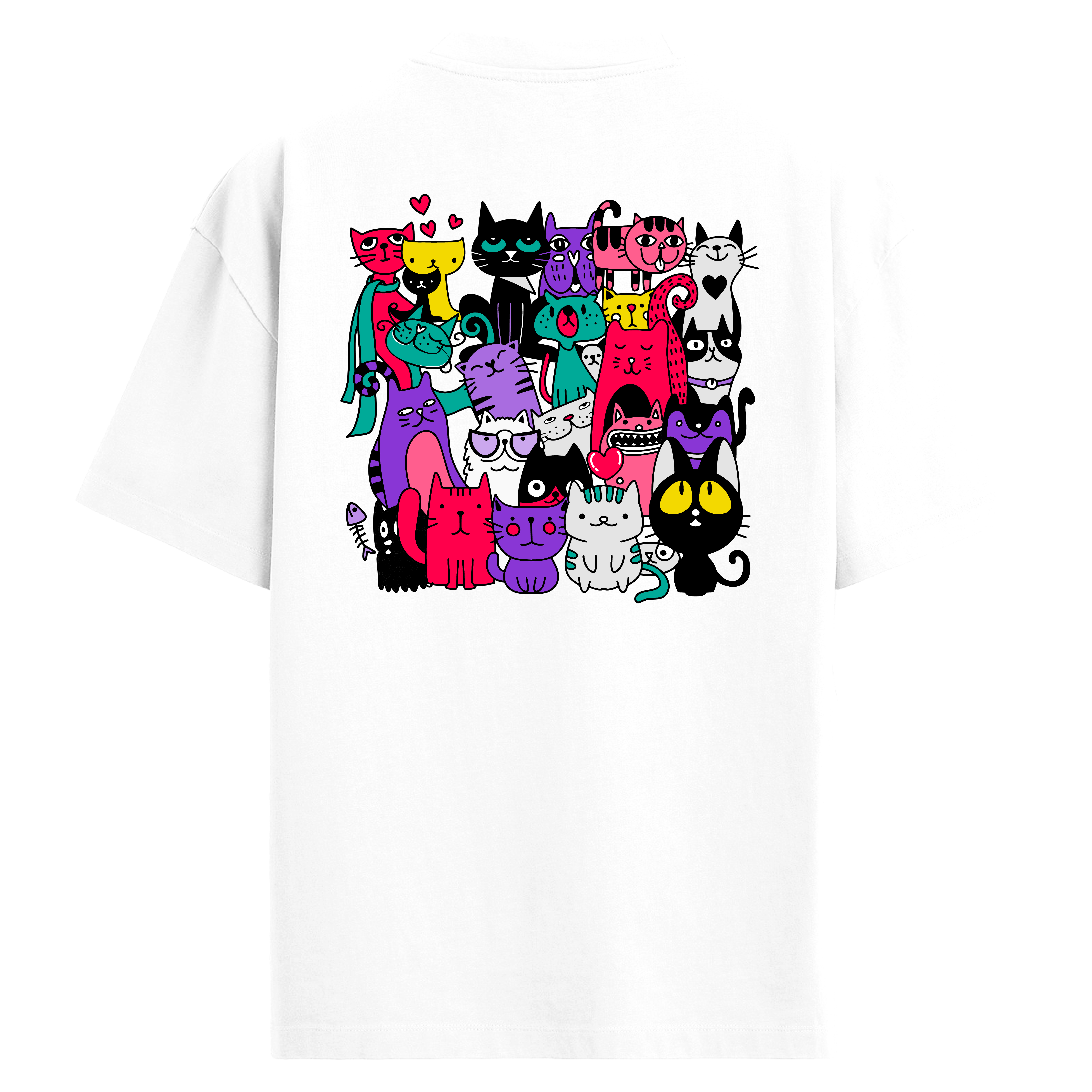 Renkli Kedi Karakterli Sırt Baskılı Oversize T-Shirt