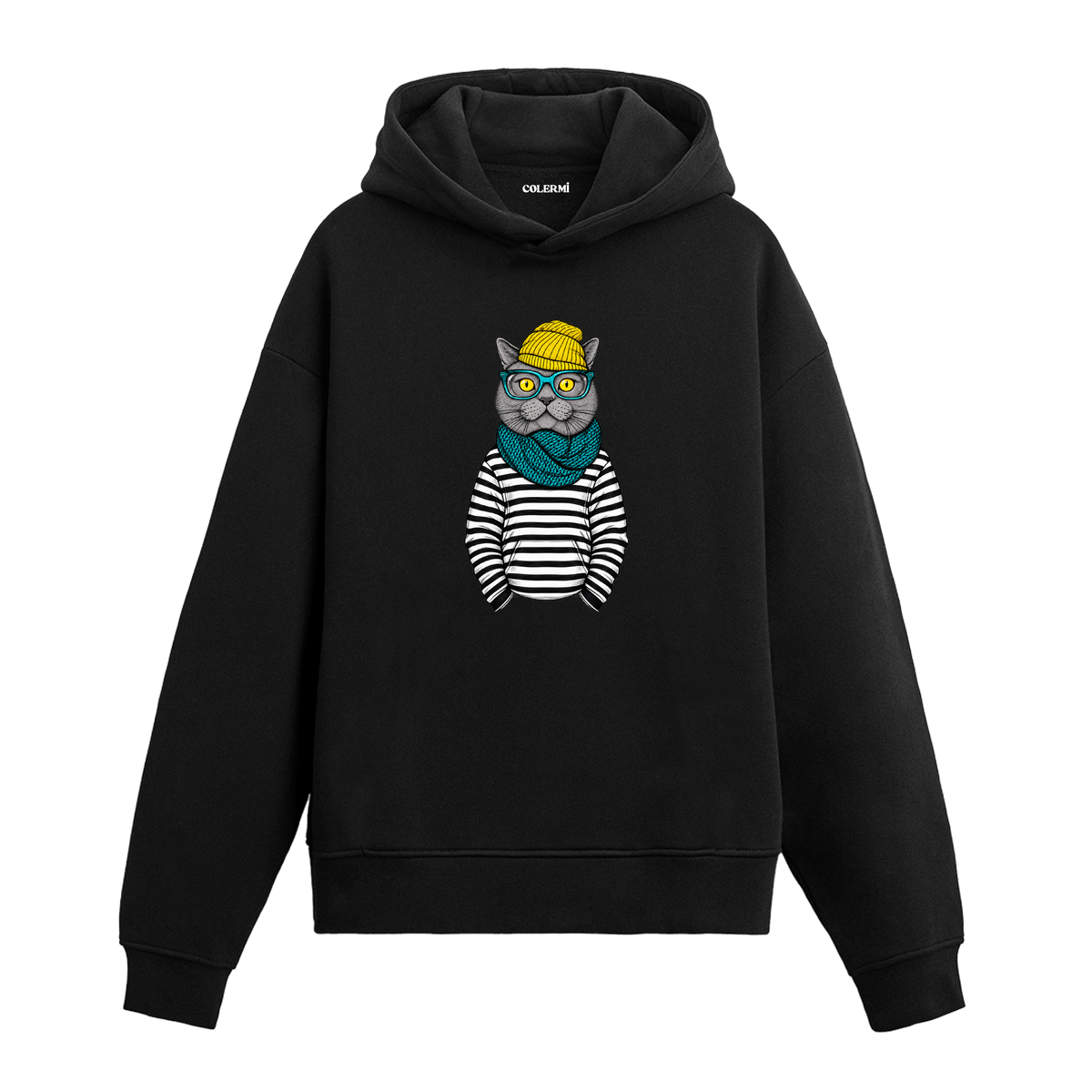 Sarı Bereli Hipster Kedi Tasarım Hoodie