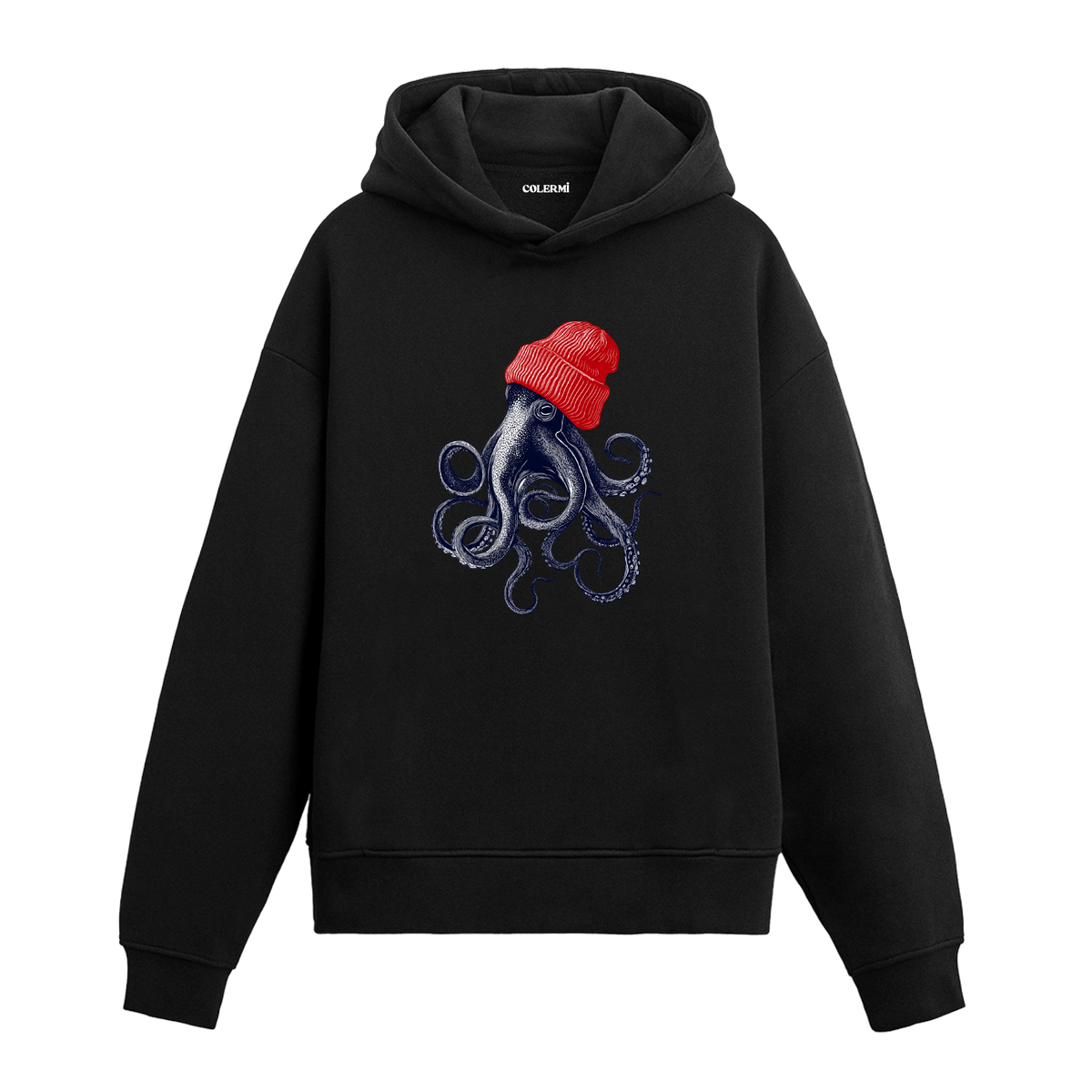 Kırmızı Bereli Ahtapot Tasarım Hoodie