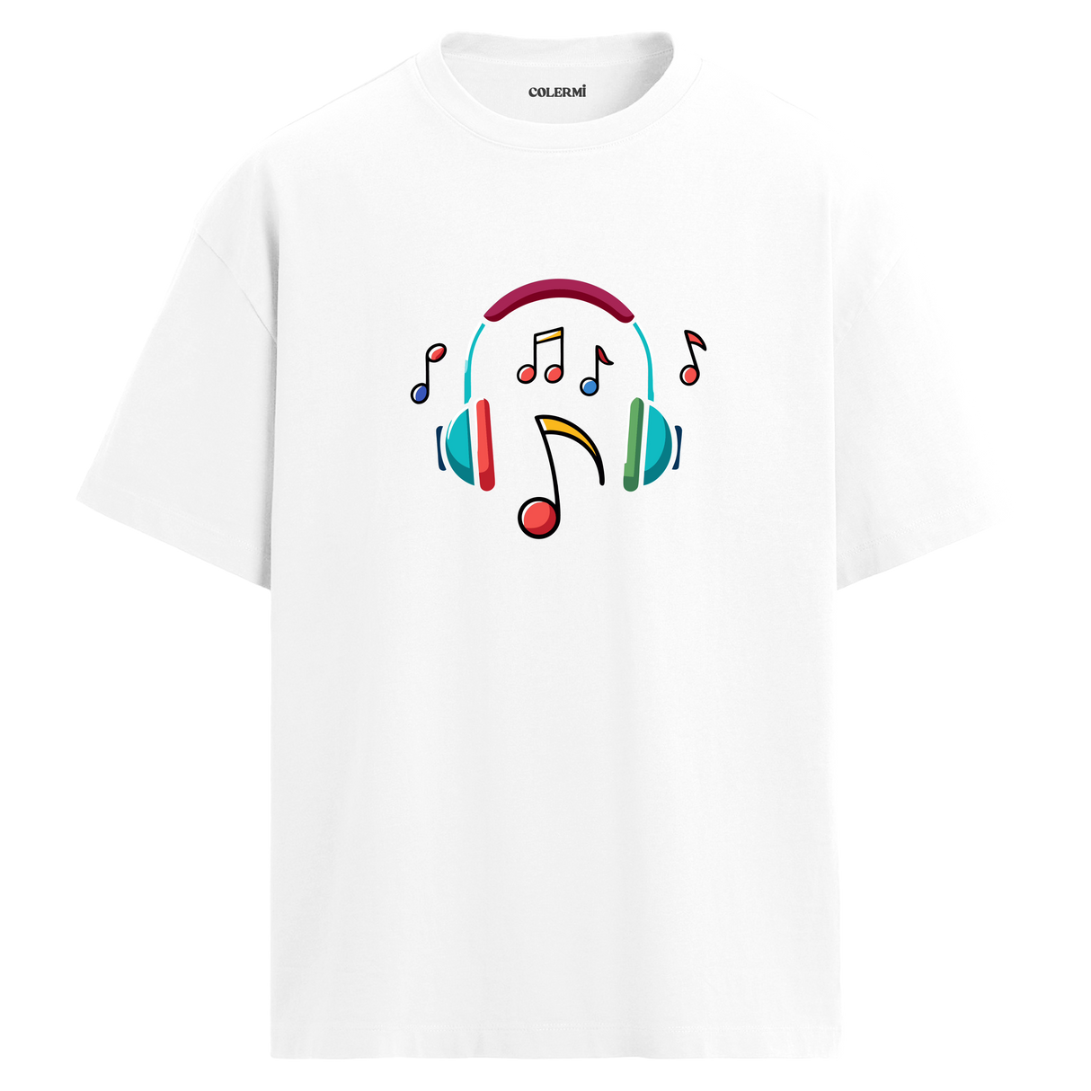 Renkli Nota Kulaklık Baskılı T-Shirt – %100 Pamuk
