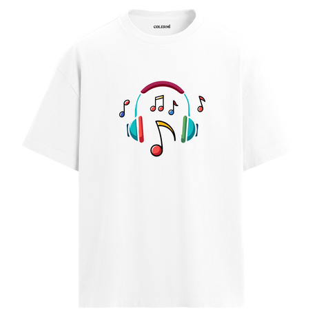 Renkli Nota Kulaklık Baskılı T-Shirt – %100 Pamuk