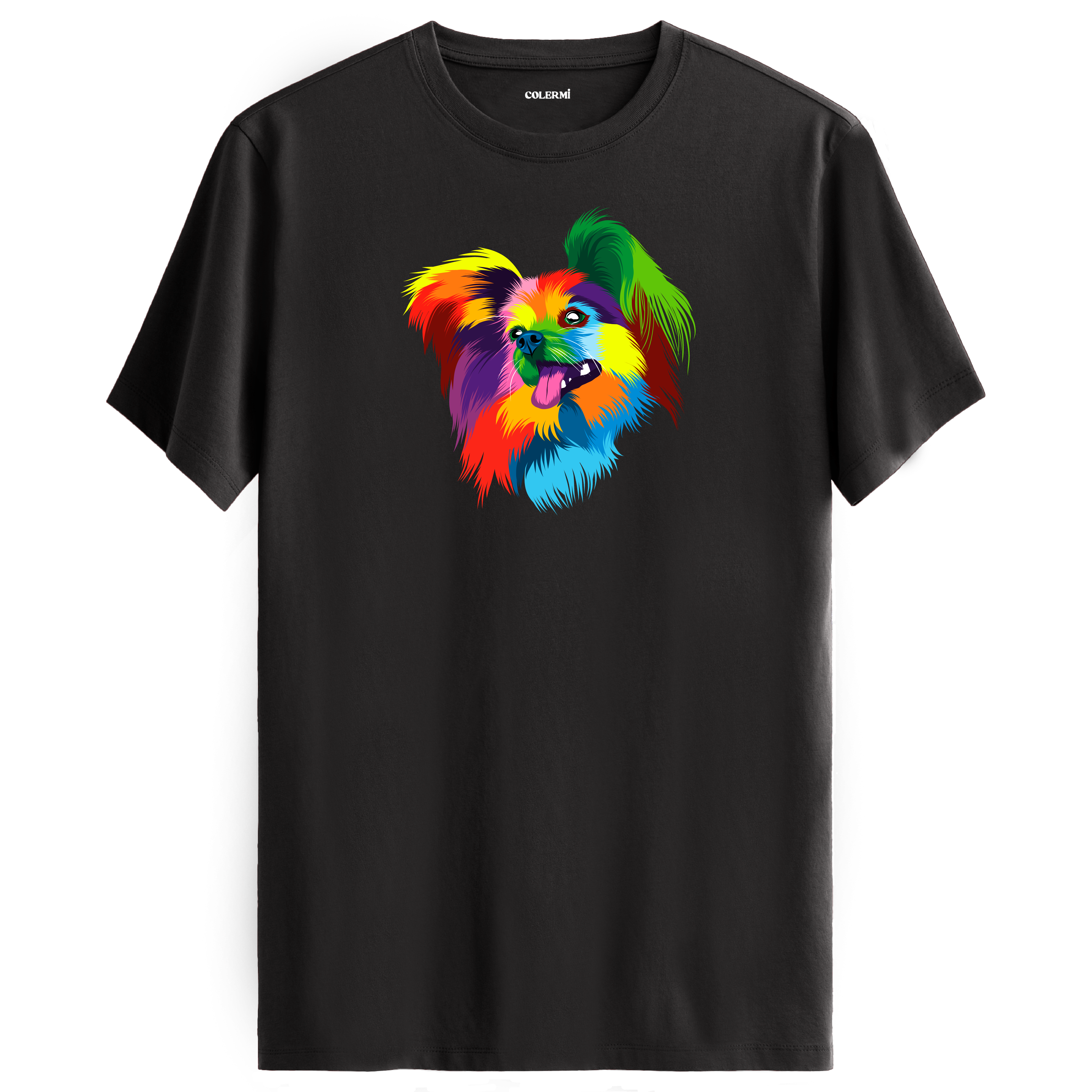 Renkli Milo Papillon Köpek Baskılı Tişört