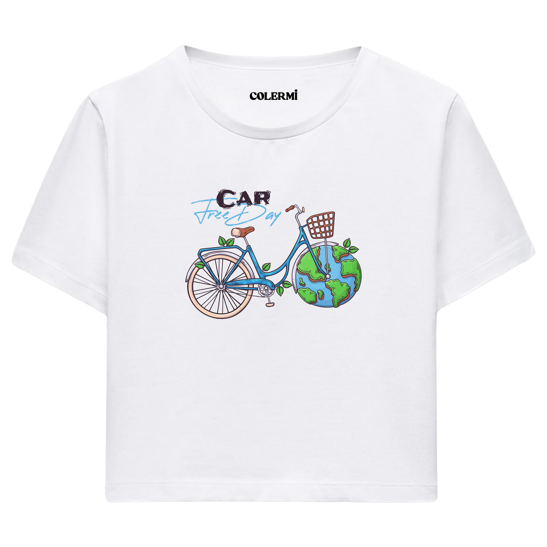 Car Free Day Bisiklet Temalı Grafik Crop T-Shirt
