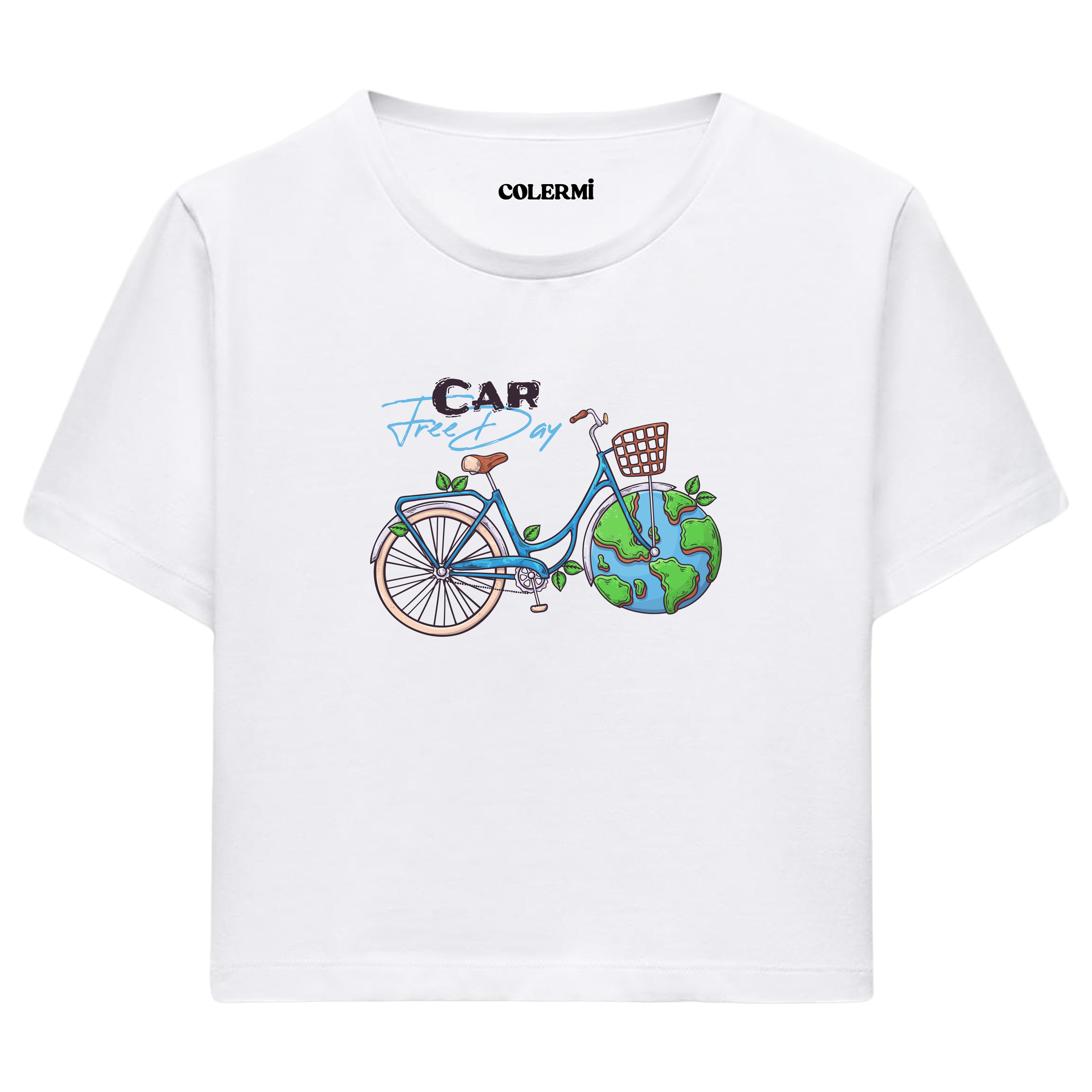 Car Free Day Bisiklet Temalı Grafik Crop T-Shirt