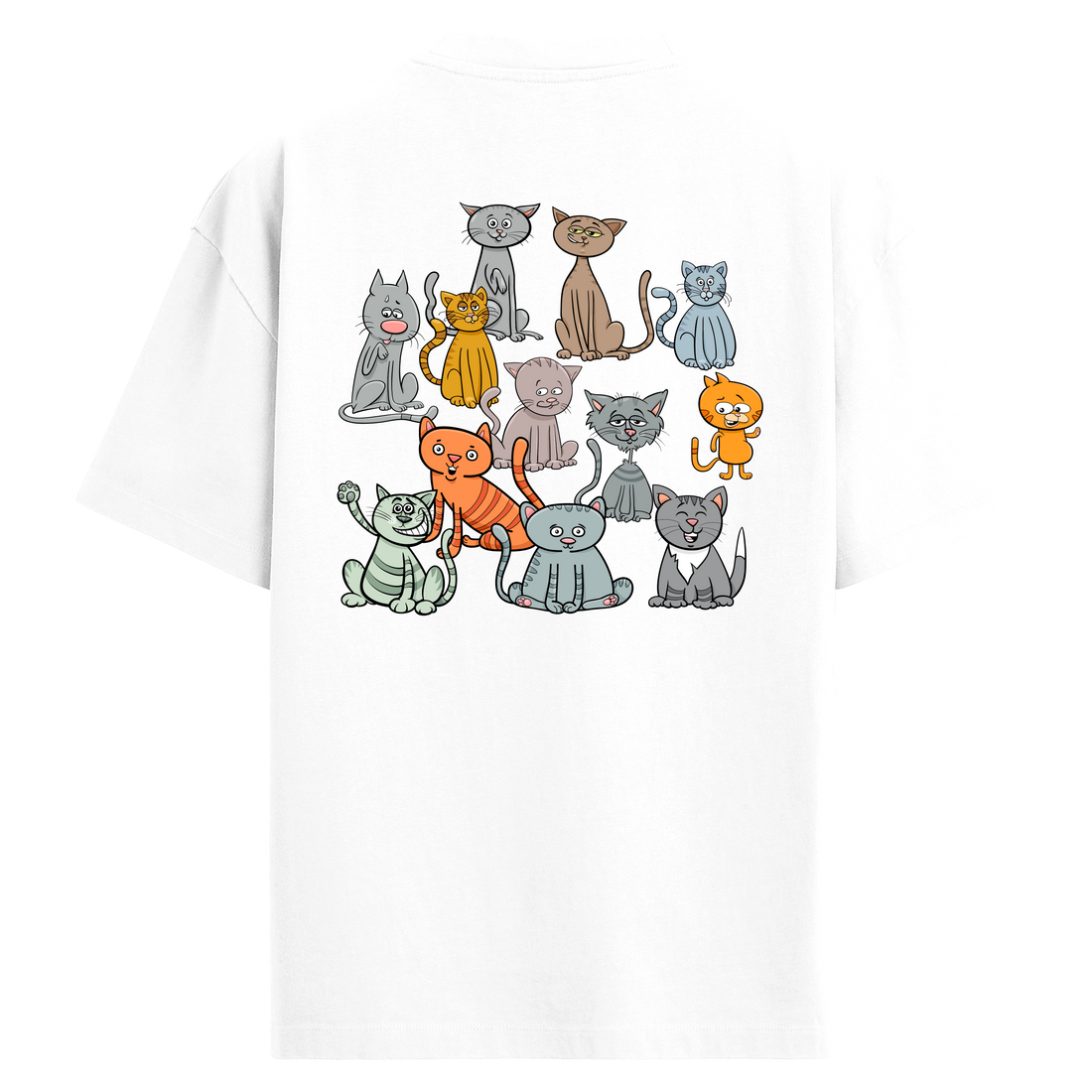 Renkli Karakterli Kedi Sırt Baskılı Oversize T-Shirt