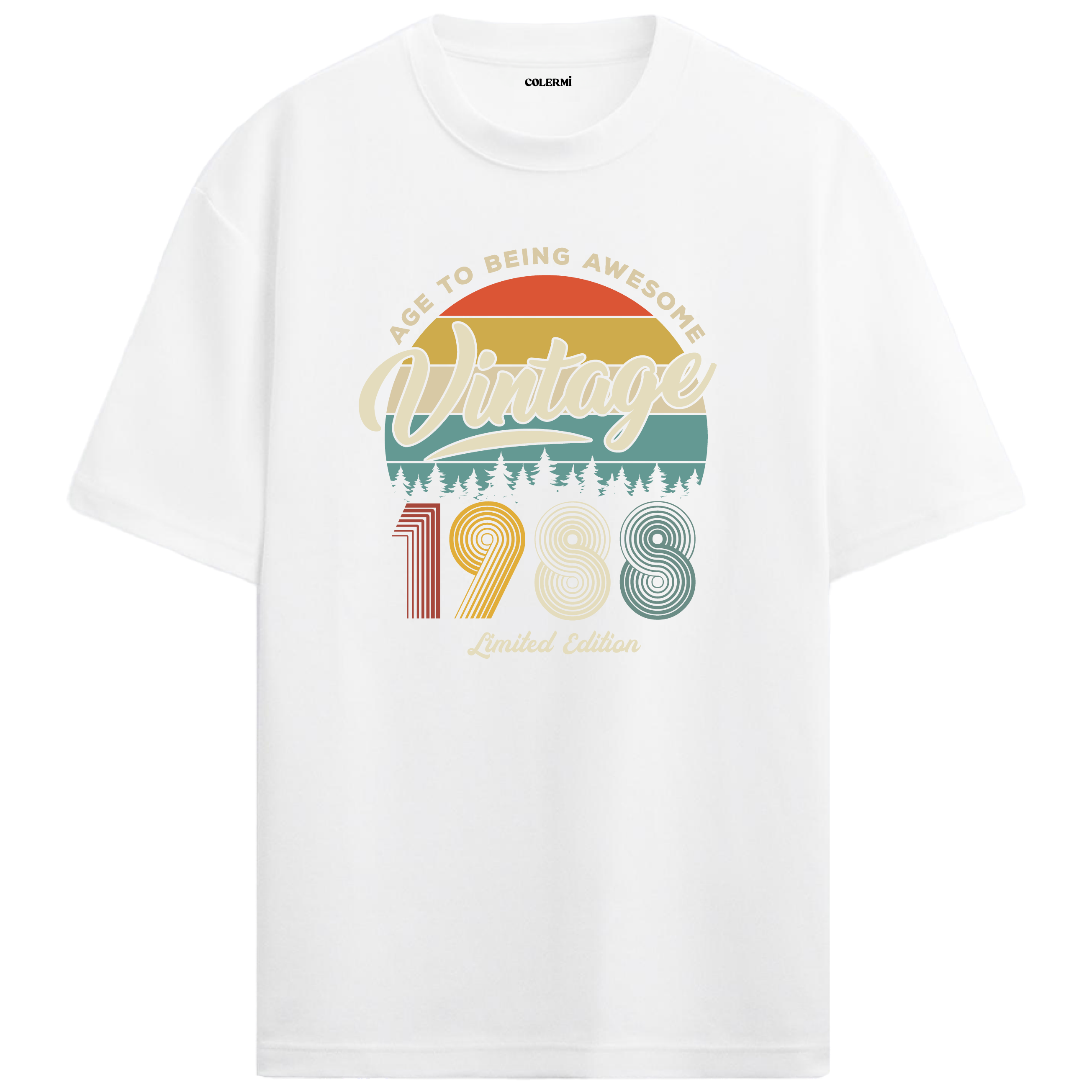 1988 Nostalgia Oversized T-Shirt - Retro Sunset Pine Tree Design