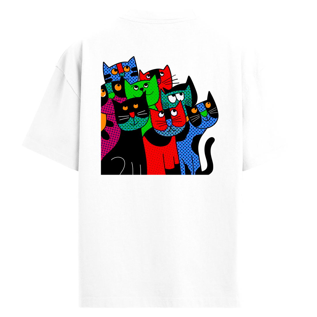 Benekli Renkli Kedi Desenli Sırt Baskılı Oversize T-Shirt