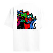 Benekli Renkli Kedi Desenli Sırt Baskılı Oversize T-Shirt