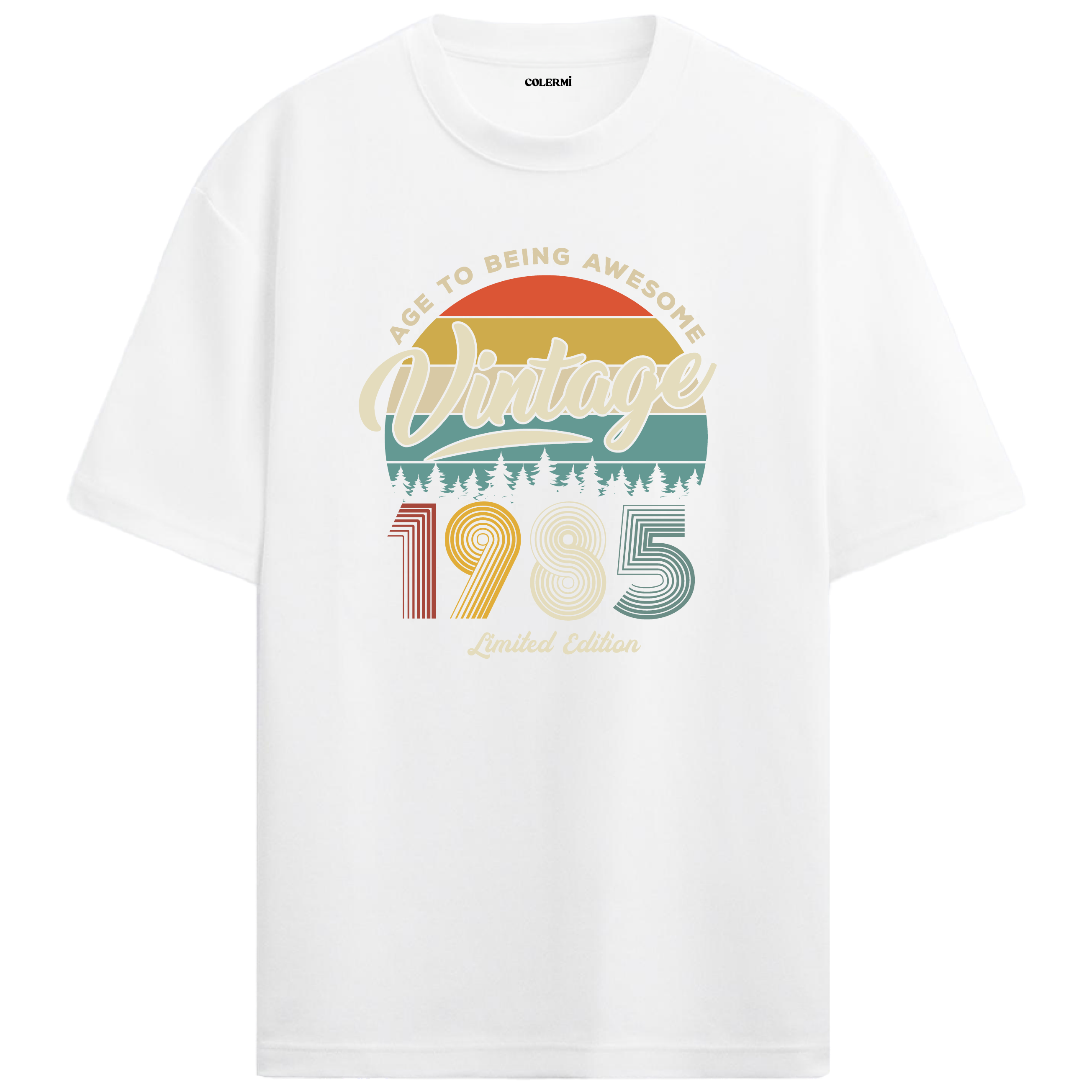 1985 Nostalgia Oversized T-Shirt - Retro Sunset Pine Tree Design
