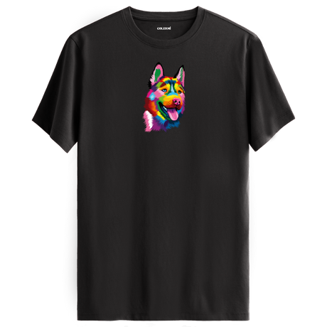 Köpek Baskılı T-Shirt - Renkli Husky Tasarımı