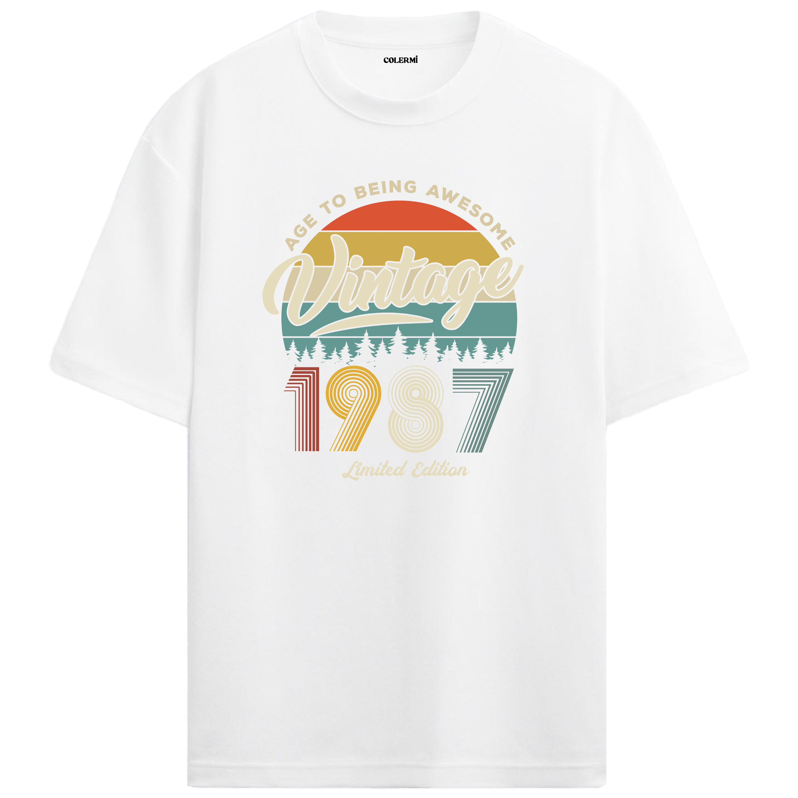 1987 Nostalgia Oversized T-Shirt - Retro Sunset Pine Tree Design