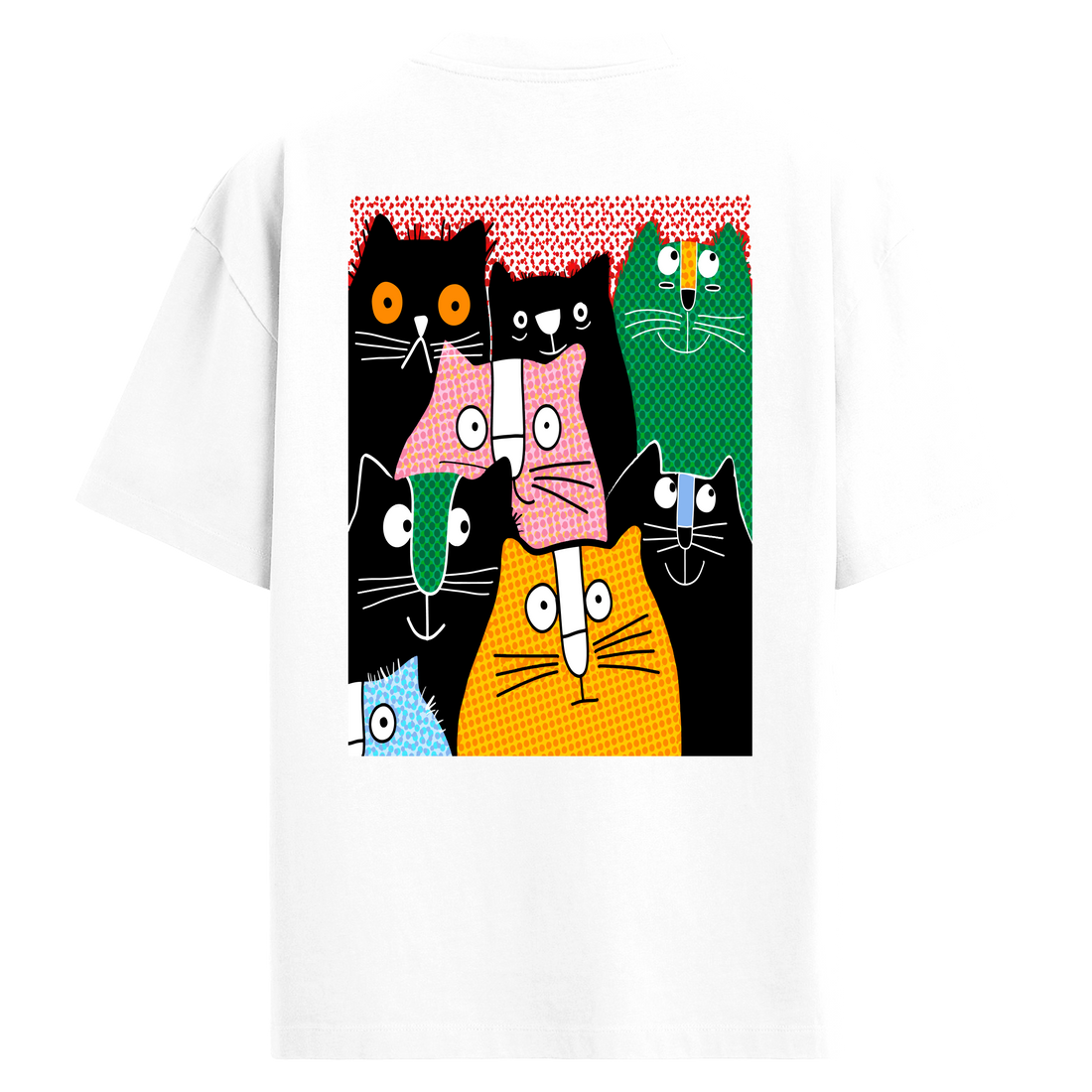 Renkli Doku ve Pop Art Kedi Sırt Baskılı Oversize T-Shirt