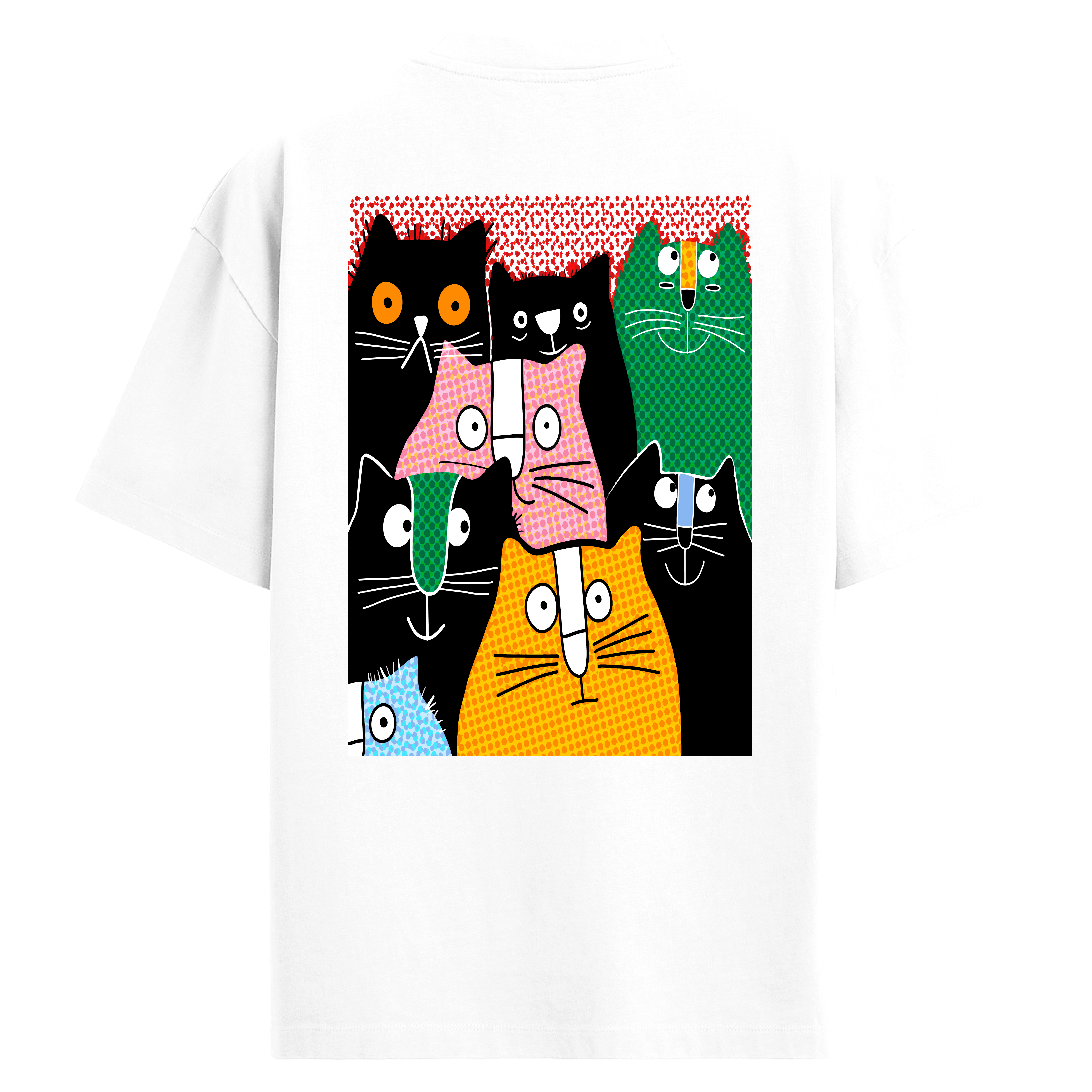 Renkli Doku ve Pop Art Kedi Sırt Baskılı Oversize T-Shirt