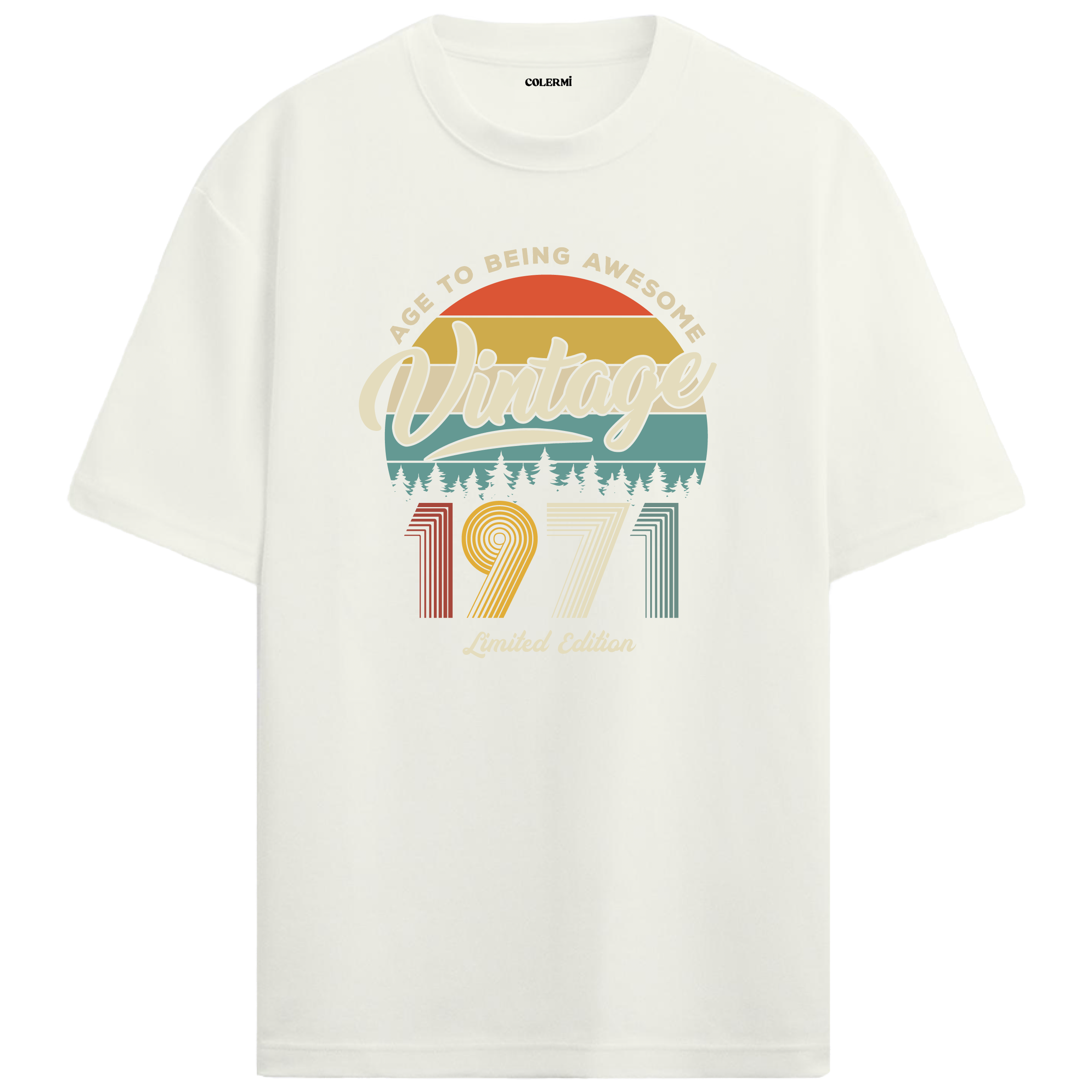 1971 Nostalgia Oversized T-Shirt - Retro Sunset & Pine Forest Silhouettes