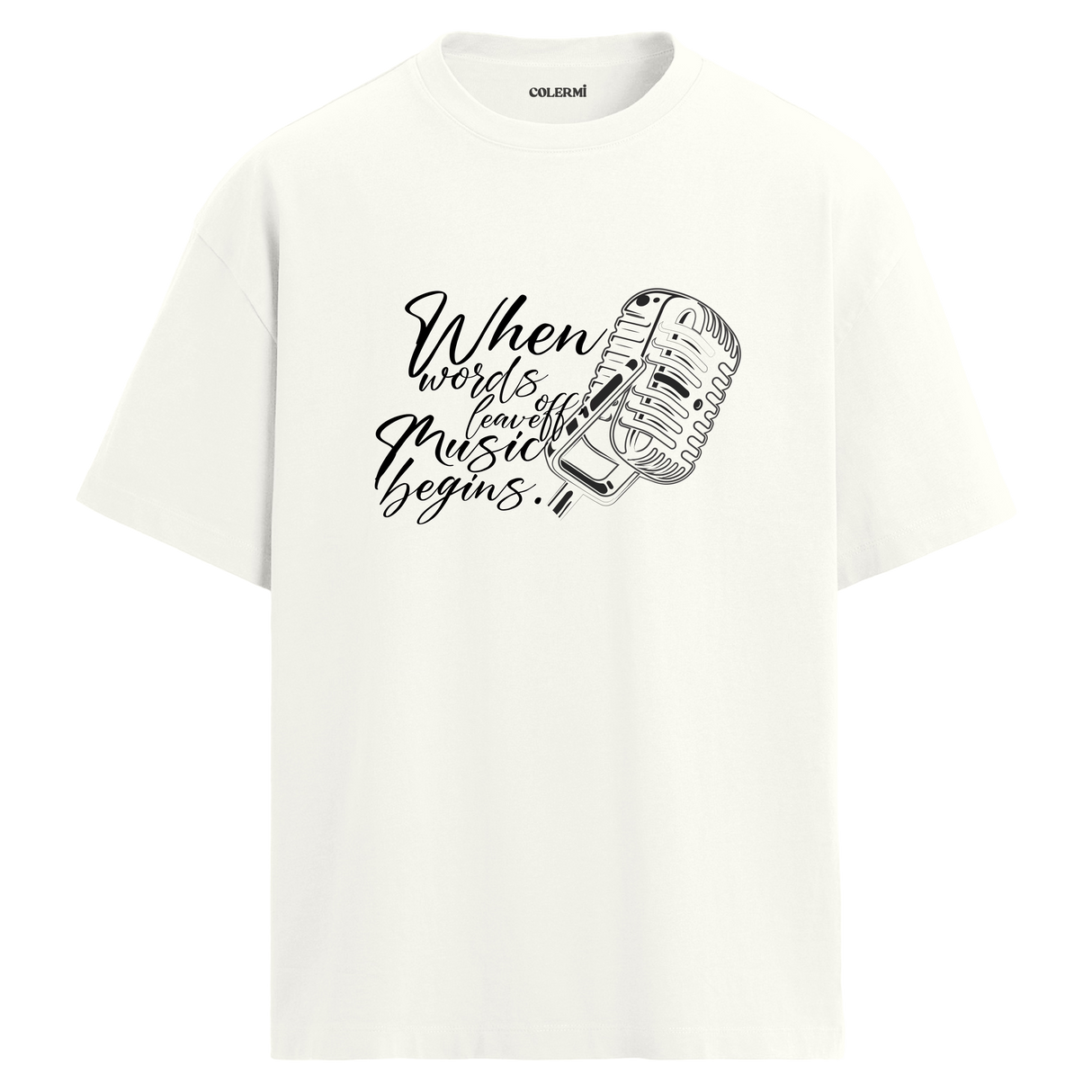 Music Begins Mikrofon Yazılı Tişört – %100 Pamuk – T-Shirt