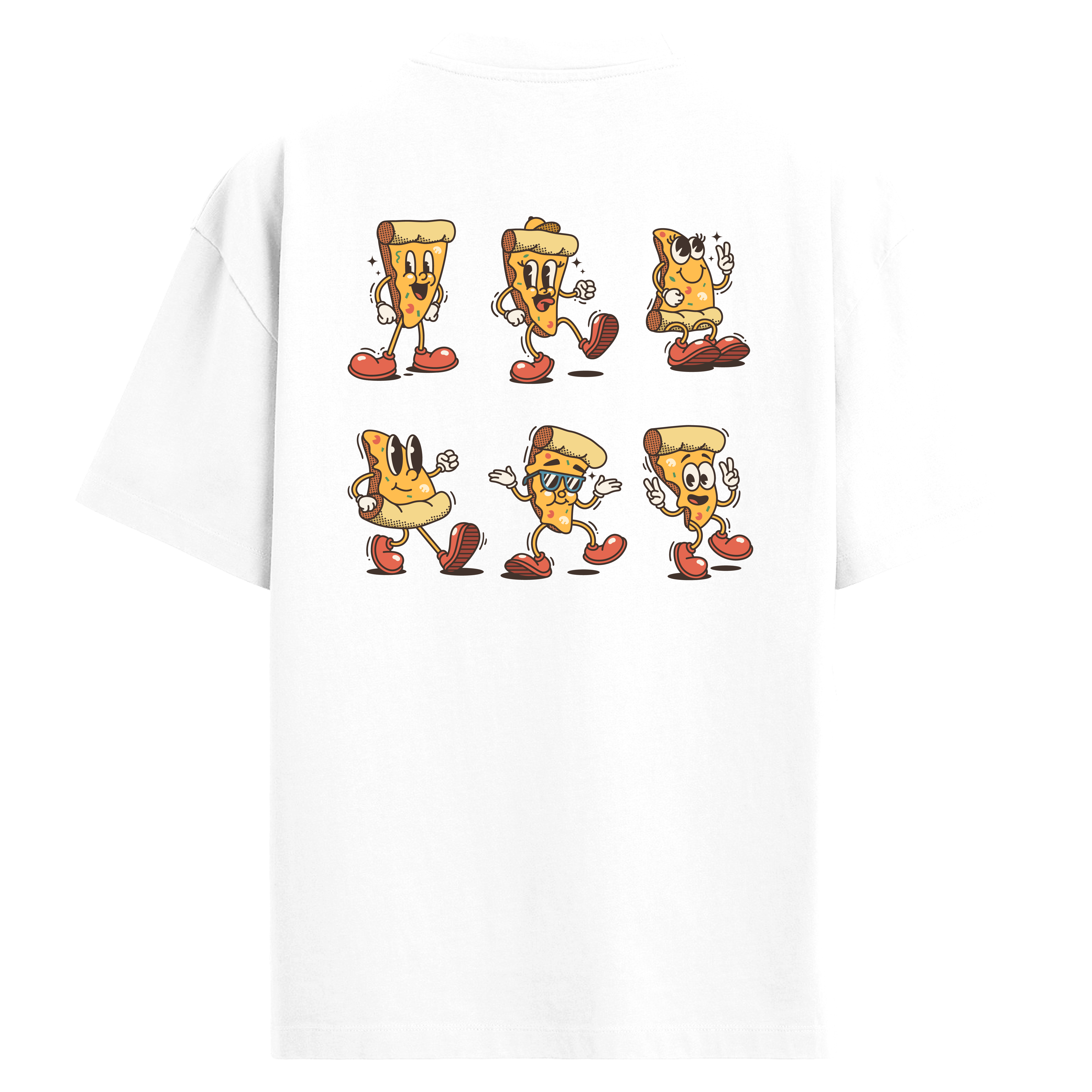 Çizgi Karakterli Neşeli Dilim Pizza Sırt Baskılı Oversize T-Shirt
