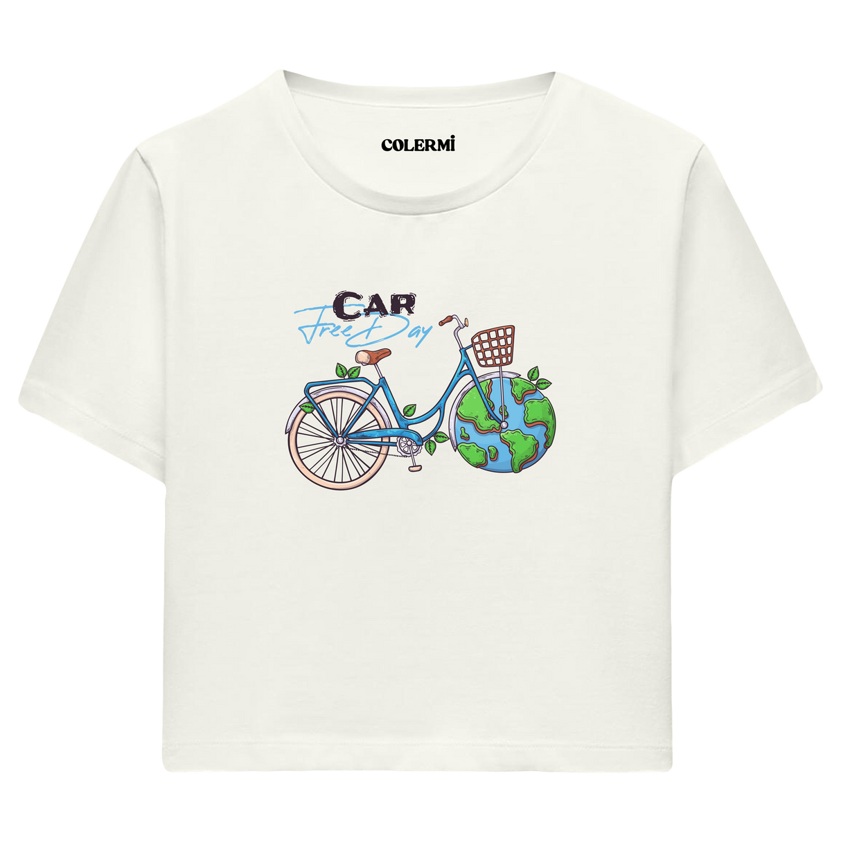 Car Free Day Bisiklet Temalı Grafik Crop T-Shirt