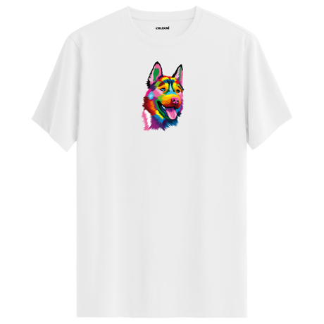 Köpek Baskılı T-Shirt - Renkli Husky Tasarımı