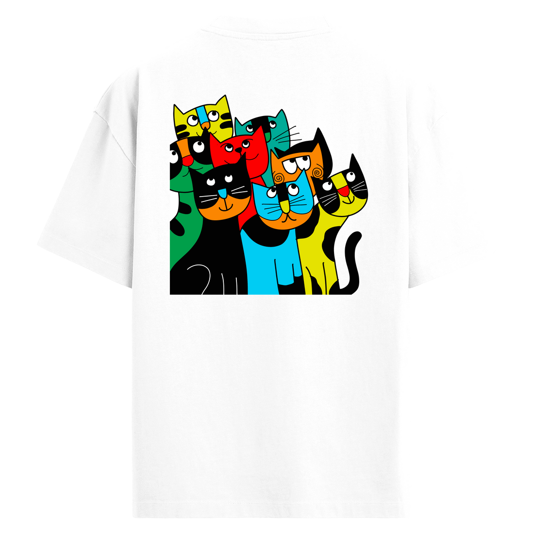 Renkli Stilize Kedi Çizimli Sırt Baskılı Oversize T-Shirt