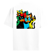Renkli Stilize Kedi Çizimli Sırt Baskılı Oversize T-Shirt