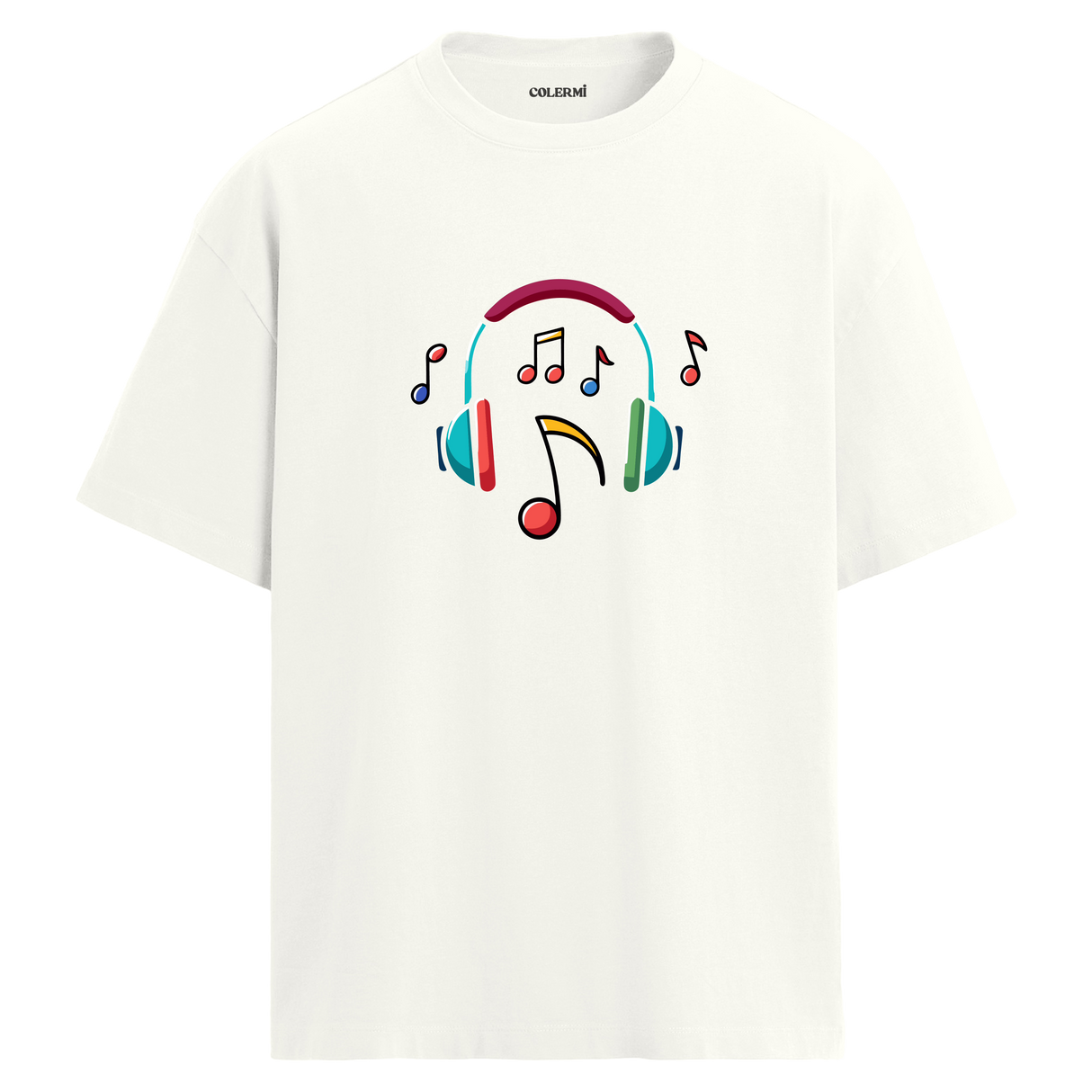 Renkli Nota Kulaklık Baskılı T-Shirt – %100 Pamuk