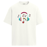 Renkli Nota Kulaklık Baskılı T-Shirt – %100 Pamuk