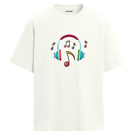 Renkli Nota Kulaklık Baskılı T-Shirt – %100 Pamuk